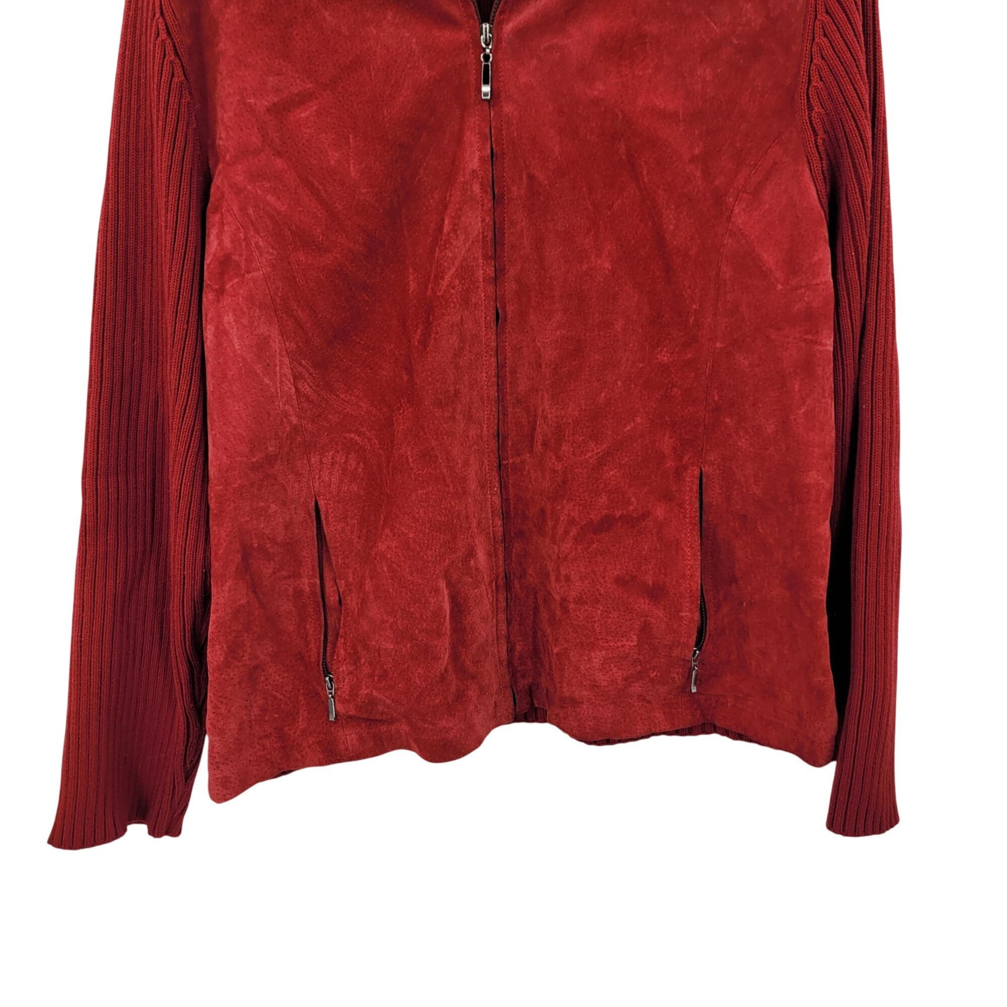Vintage Vtg Red Ribbed Knit Long Sleeve Suede Sweater Jacket Shacket Size L / US 10 / IT 46 - 6 Thumbnail