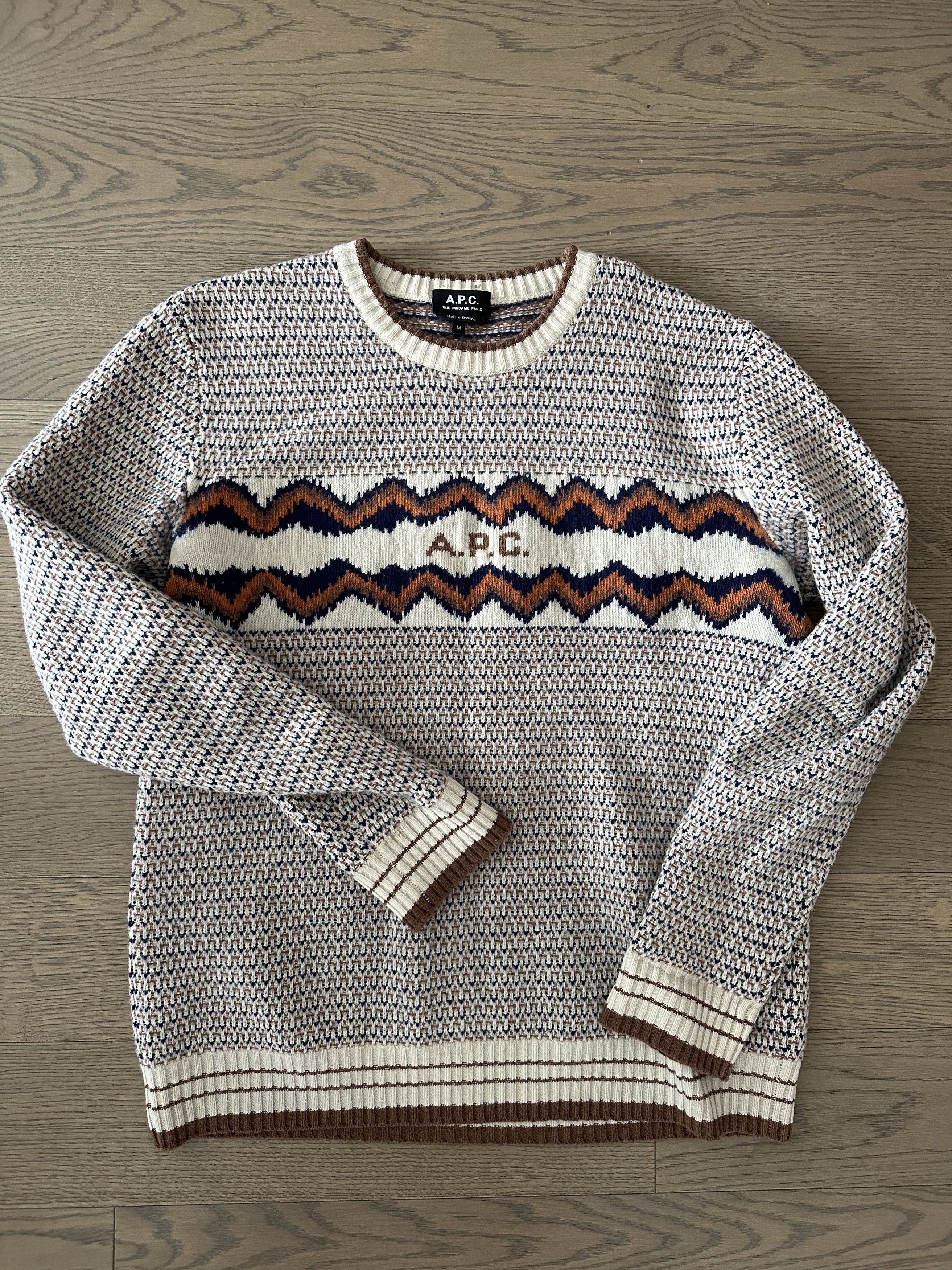 image of A P C Knit Crewneck in Beige/Brown/Blue, Men's (Size Medium)