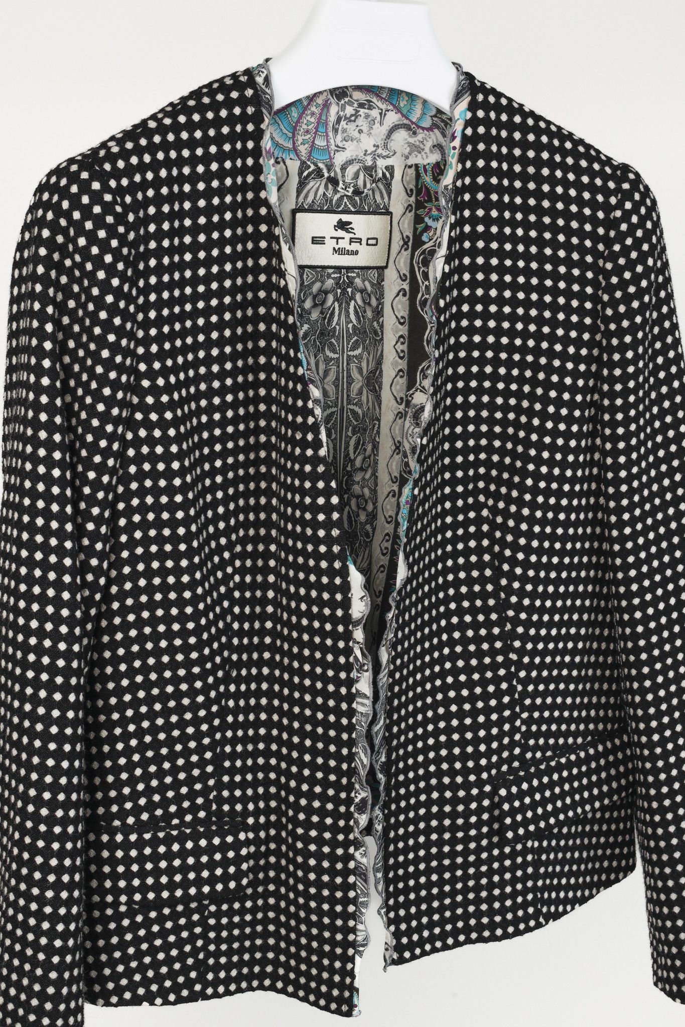 Etro Etro Black & White Polka-Dot Wool Open-Front Blazer Size L / US 10 / IT 46 - 3 Thumbnail