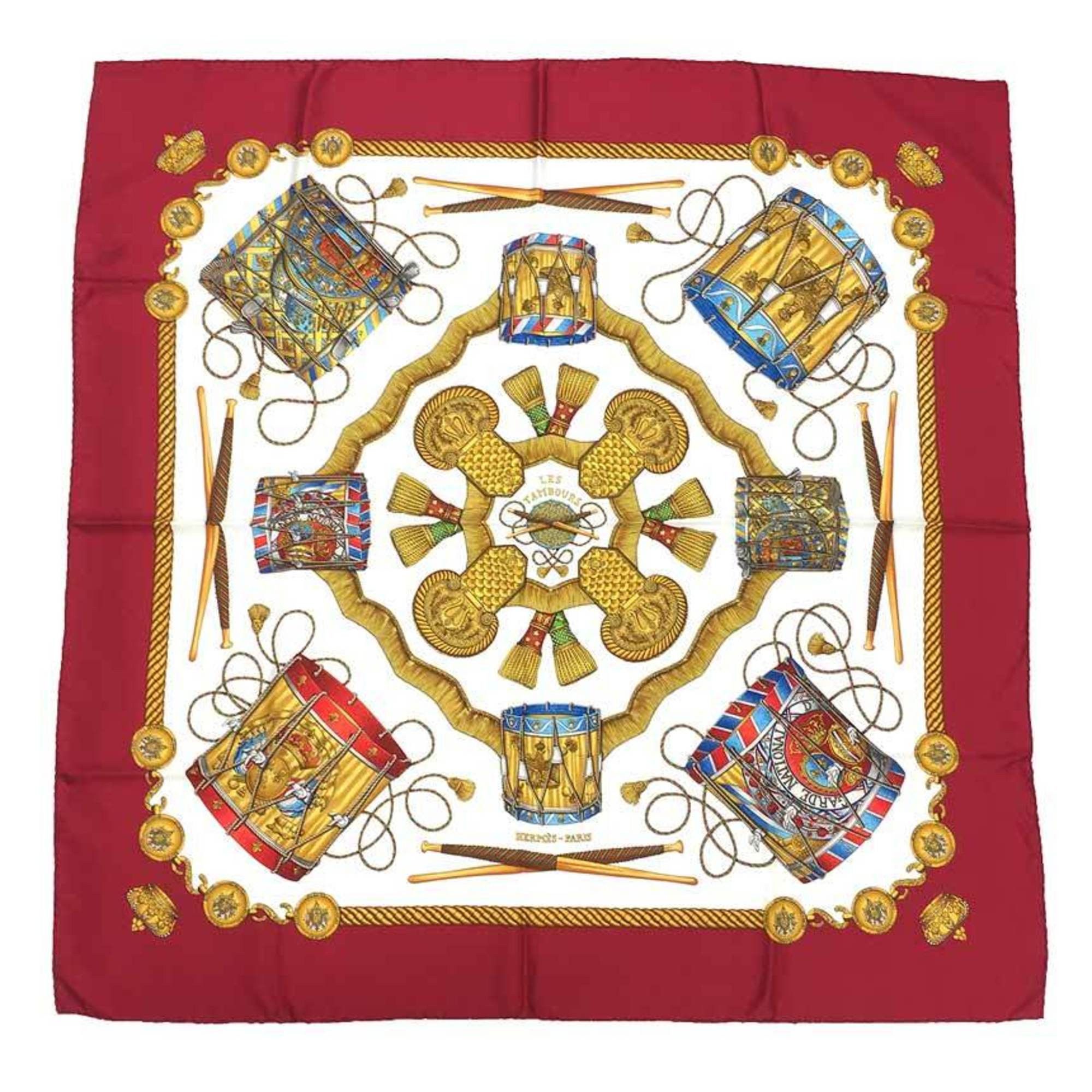 Hermes HERMES Carre 90 LES TAMBOURS (The Tambour Drum) White x Red 100% Silk Hermes Scarf Muffler Size ONE SIZE - 1 Thumbnail
