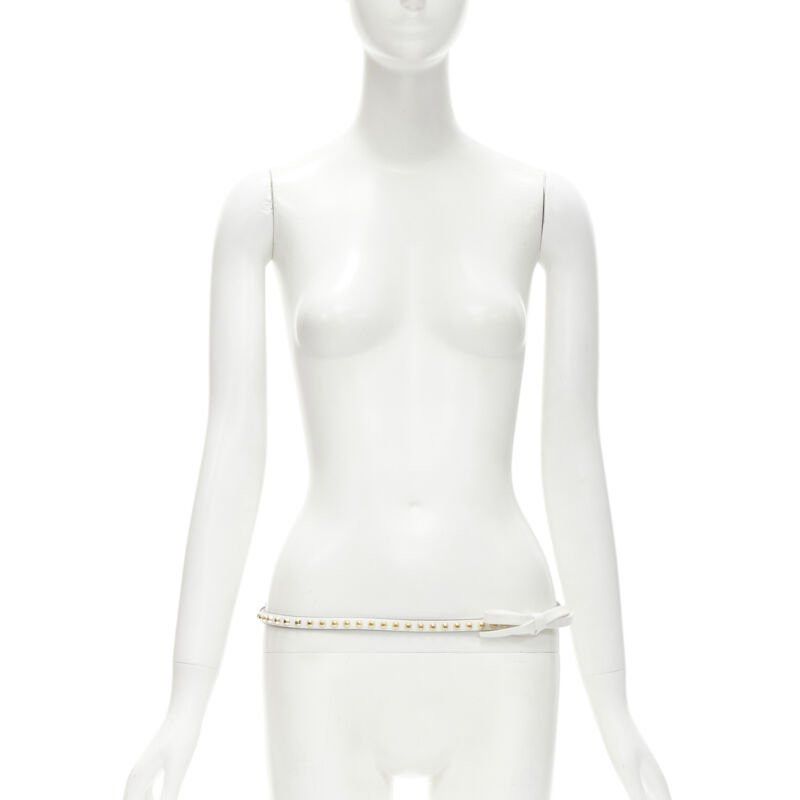PRADA white leather bow gold punk stud skinny belt 1CC338 80cm 32