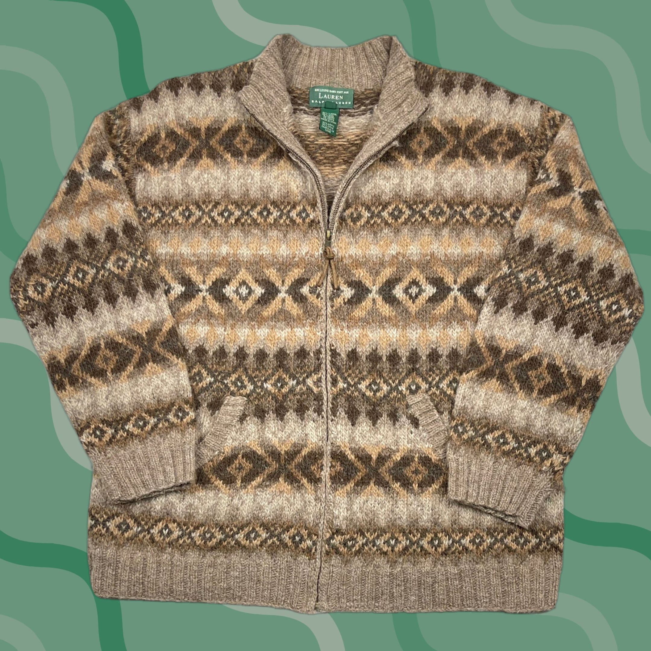 Ralph Lauren VINTAGE Ralph Lauren RL Women's Aztec Cardigan Sweater Zip Mock Neck Heavyweight M Brown Size M / US 6-8 / IT 42-44 - 1 Thumbnail