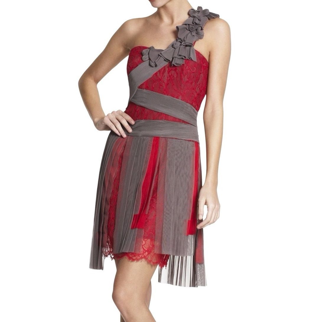BCBGMAXAZRIA Runway Pink Lace Gray One Shoulder Dress Size