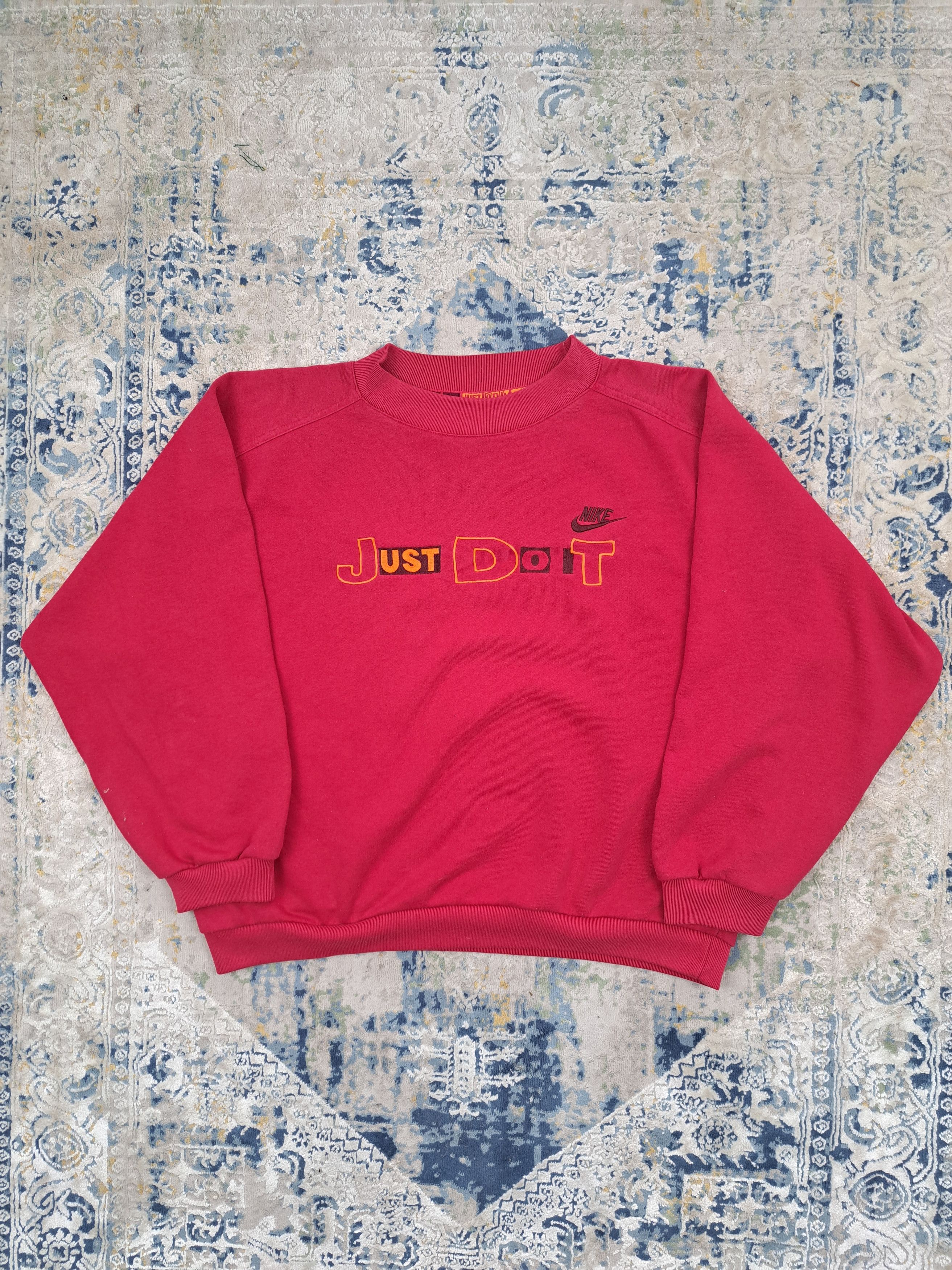 image of Nike 80's Just Do It Crewneck Sweatshirt Boxy Baggy Fit in Burgundy Red, Men's (Size XL)