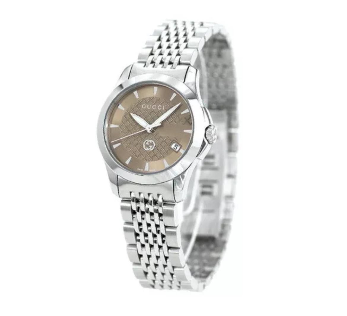 Gucci G-Timeless 27Mm Watch Ya1265007  Brown Quartz Dial in Silver, Women's