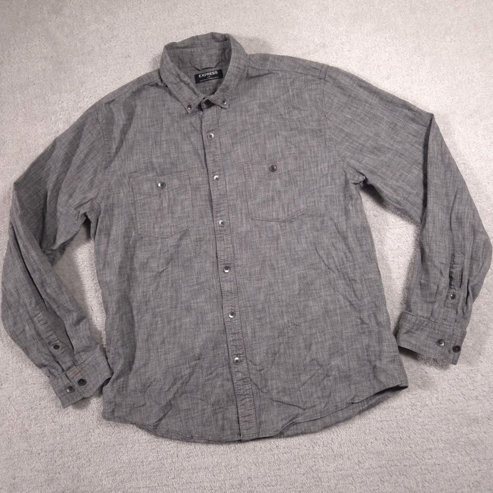 Express Express Shirt Mens L Gray Chambray Button Front Long Sleeve Casual Workwear Size US L / EU 52-54 / 3 - 3 Thumbnail