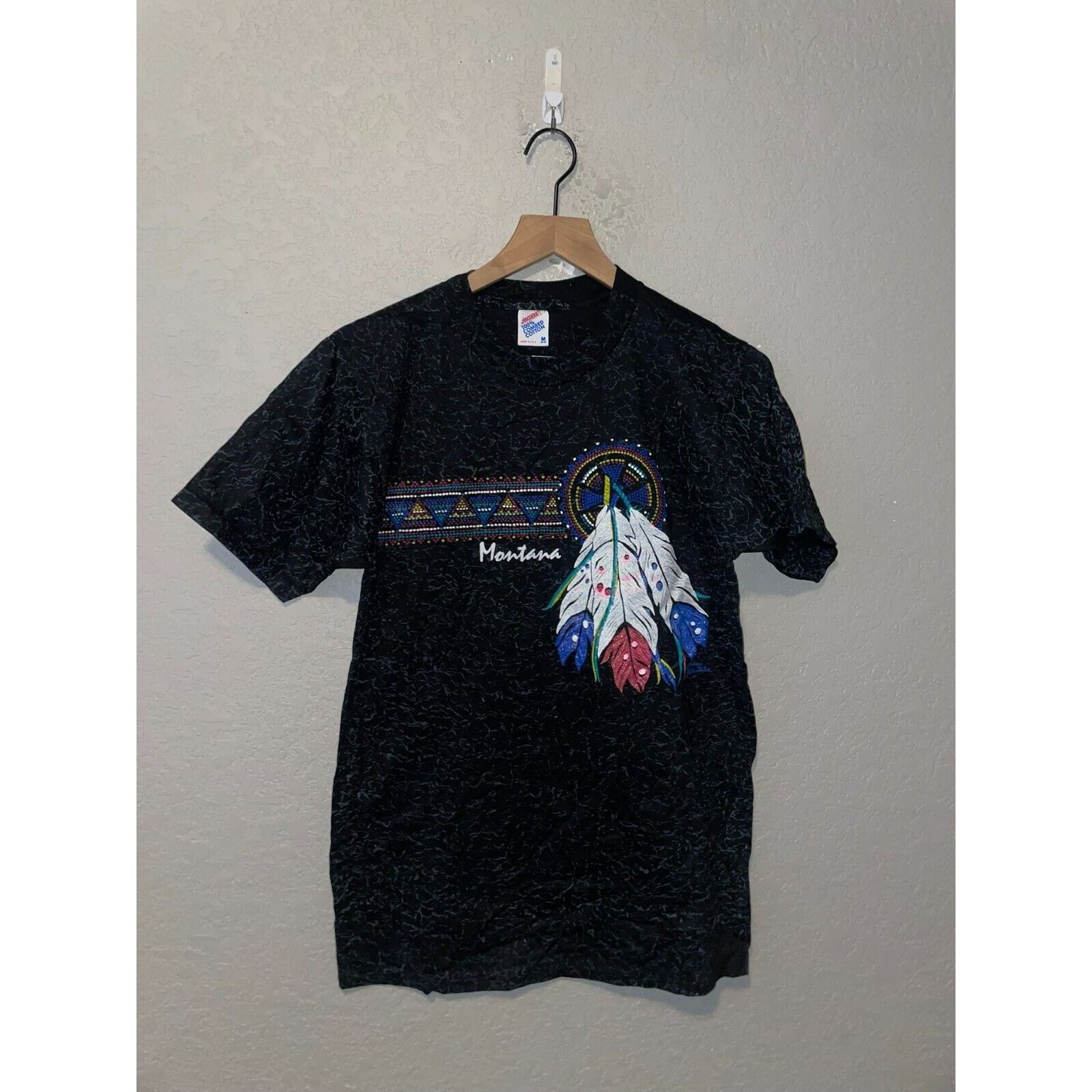 Jerzees Vintage Native American Shirt Montana Black AOP Tee 90s M Size US M / EU 48-50 / 2 - 1 Thumbnail