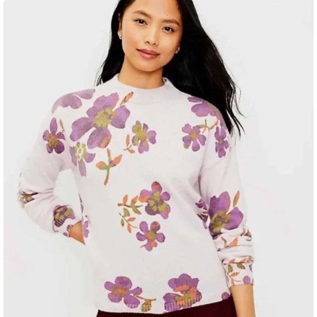 Loft LOFT Floral Print Sweater Purple Lilac Crew Neck Pullover M Size M / US 6-8 / IT 42-44 - 1 Thumbnail