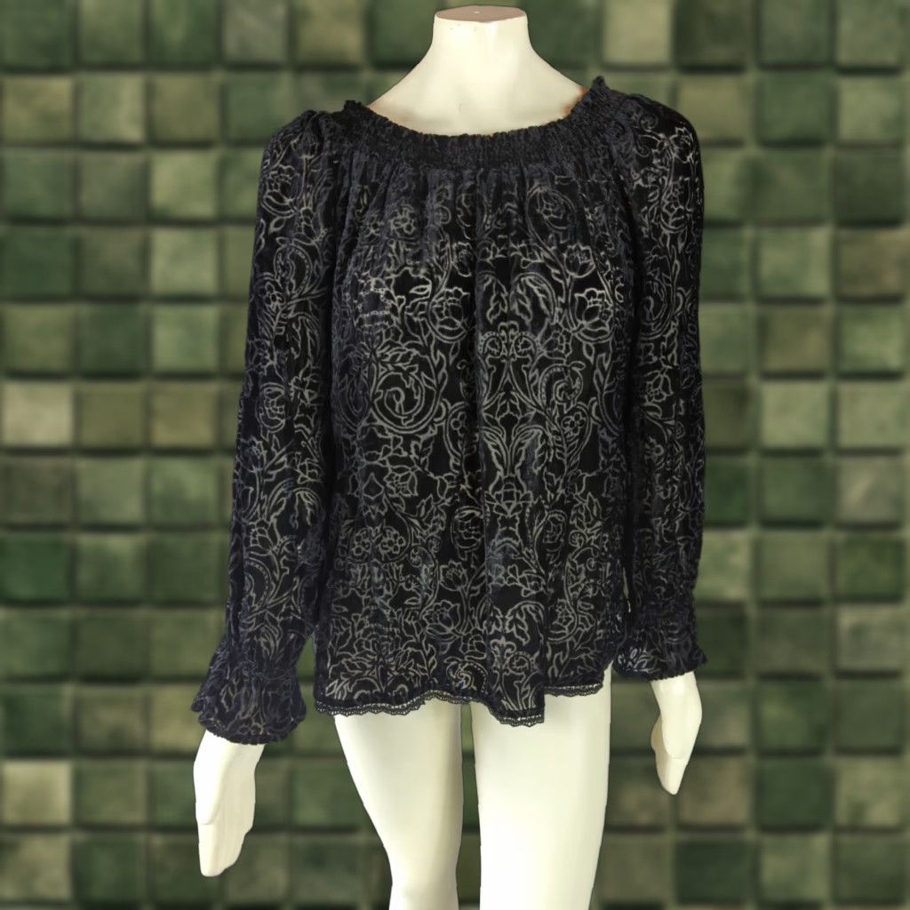 Vintage Knox Rose Black Burnout Velvet Long Sleeve Top Balloon Sleeve Round Neck Floral Flocked Velvet Blouse Women L Pullover Fashion Casual Party/Cocktail Size L / US 10 / IT 46 - 1 Thumbnail