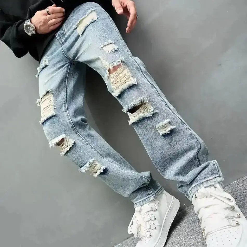Japanese Brand Simple Men Loose Ripped Straight Jeans Size US 32 / EU 48 - 1 Thumbnail
