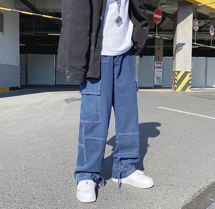 Jean Dark Blue Cargo jeans Wide Leg Denim Loose Straight Baggy Size US 38 / EU 54 - 7 Thumbnail