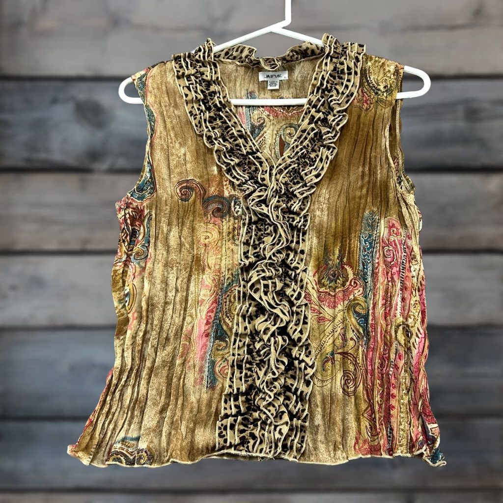 Vintage VINTAGE Jaipur Tank Top Womens S Brown Ruffle Floral Paisley Print 90s Flower Satin Cotton Polyester Silk Cap Sleeveless Size S / US 4 / IT 40 - 1 Thumbnail