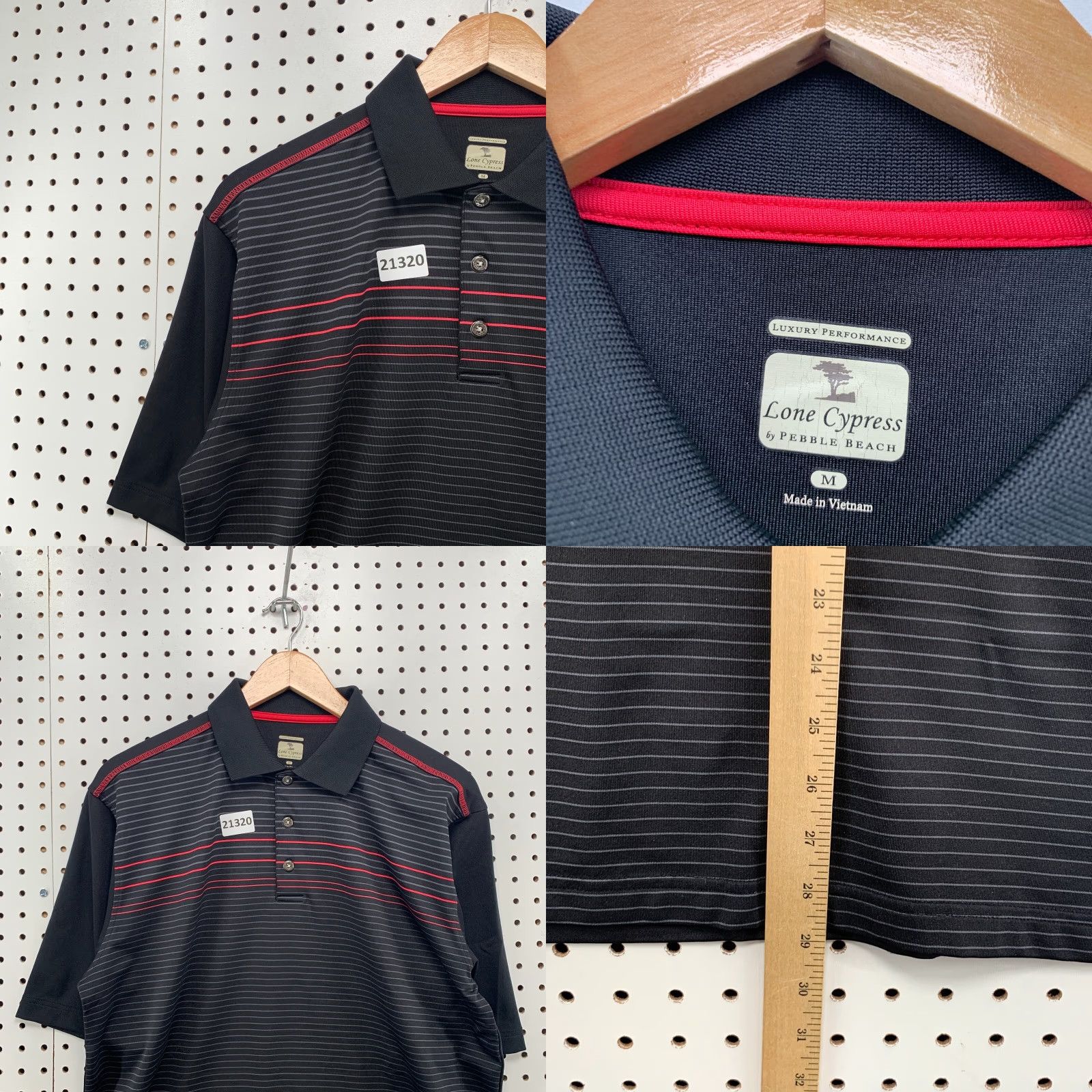 Vintage Pebble Beach Lone Cypress Performance Polo Shirt – Striped Black Red, Mens Medium, Polo, Short Sleeve, Knit Blended Fabric, 90s-Event Style? Size US M / EU 48-50 / 2 - 8 Thumbnail