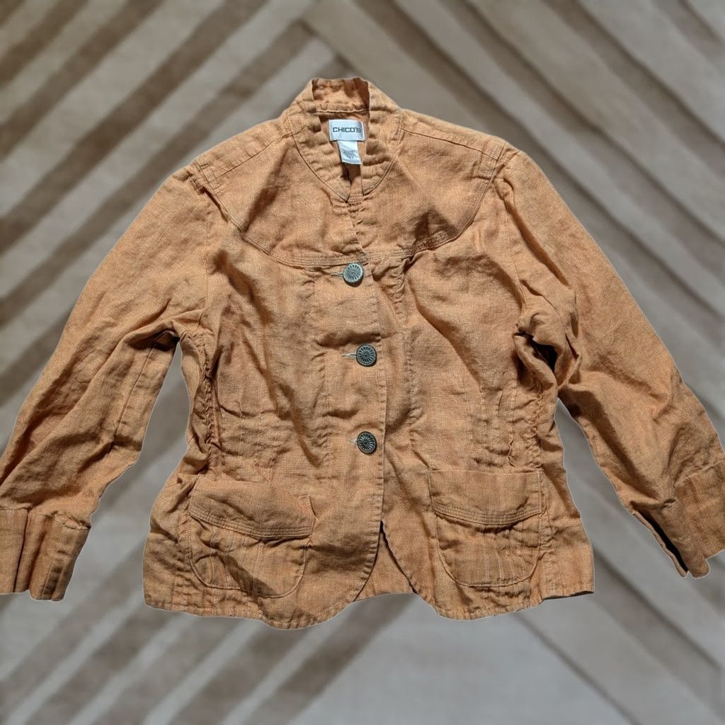 Vintage Chicos Linen Jacket Orange Button Front Pintuck Utility Jacket Womens Small S Size S / US 4 / IT 40 - 1 Thumbnail