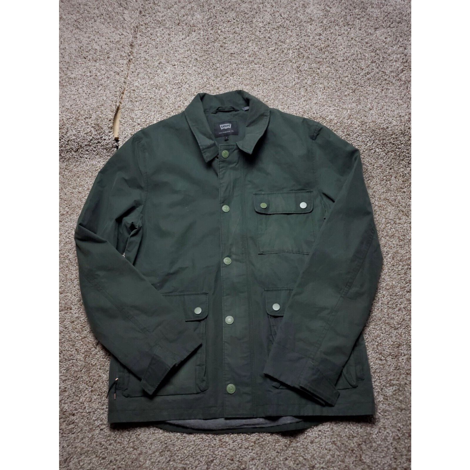 image of Levis Halley Stevenson Jacket Size Small Mens Green Waxed Cotton Full Zip Snap in White
