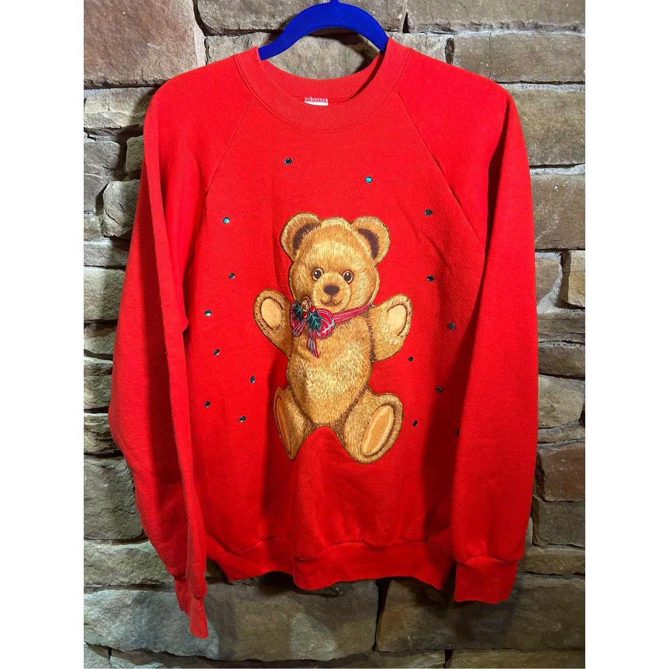 Fruit Of The Loom Sz L - Vintage 1990s Teddy Bear Christmas Bedazzled Sweatshi Size L / US 10 / IT 46 - 1 Thumbnail