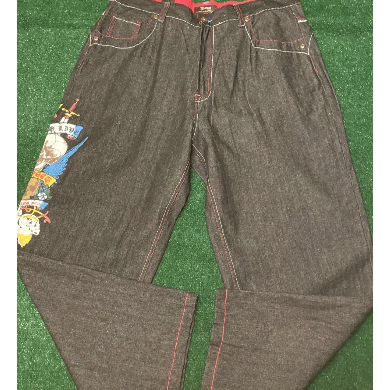 Vintage VINTAGE Russo Baggy Jeans Skater Grunge VTG Mens 42 X 32 Black Skull Tattoo Wings Wide-Leg Size US 42 / EU 58 - 4 Thumbnail