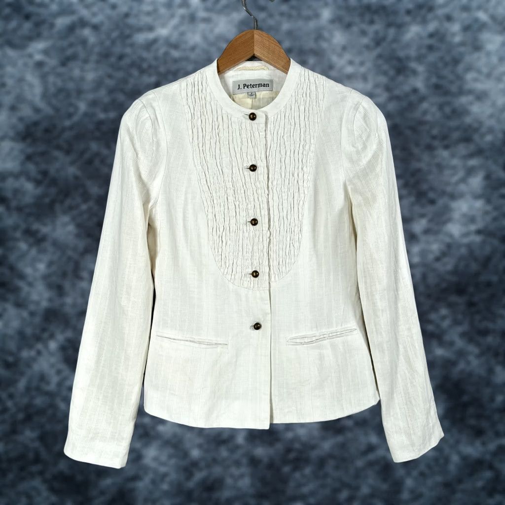 Vintage J. Peterman Blazer Womens 2 White Linen Tuxedo Bib Pleated Front Jacket Size XS / US 0-2 / IT 36-38 - 1 Thumbnail