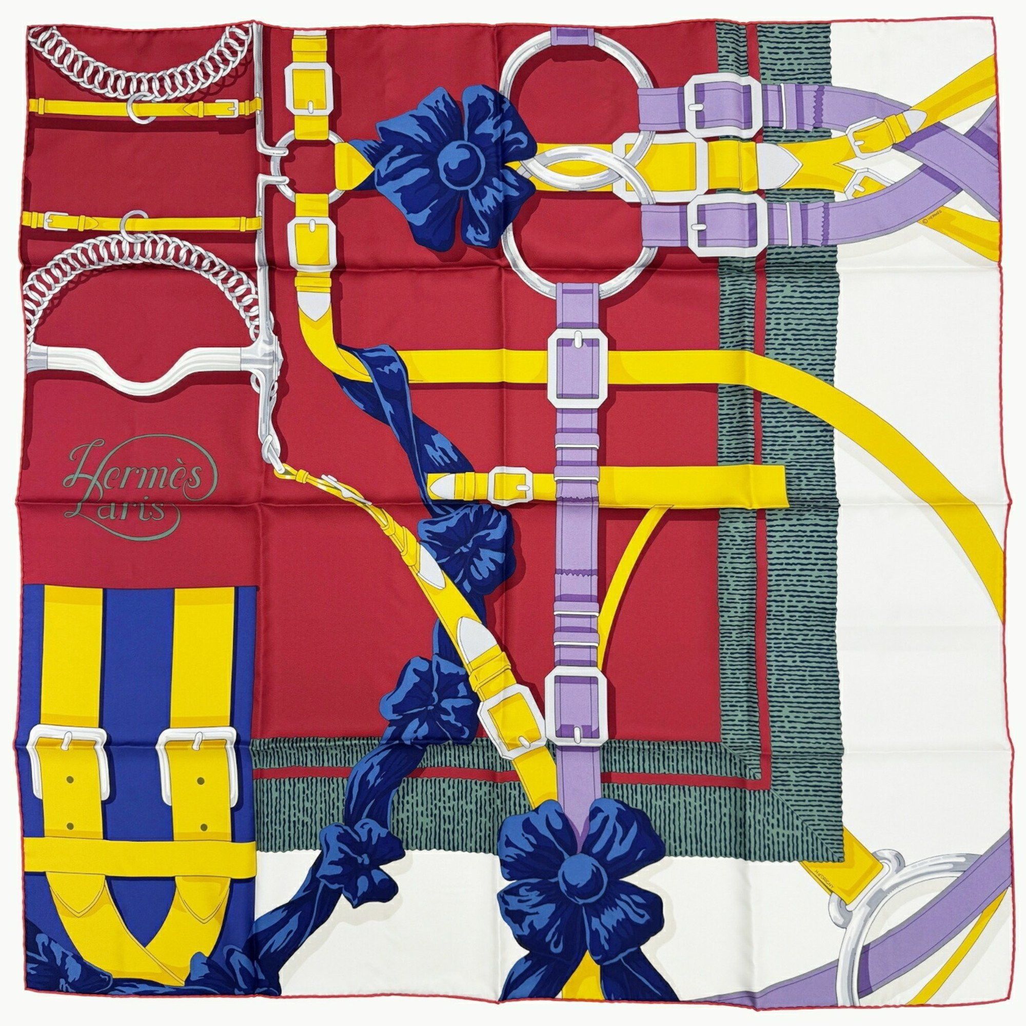 image of Hermes Care 90 Grand Manege Large Training Technique Ribbon Silk Green Red Navy Scarf Large Ladies,