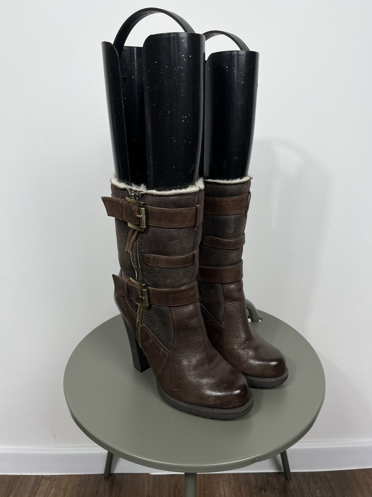 Other Women Brown Leather Buckle High Heel Boots Shearling EU 38 Size US 7 / IT 37 - 1 Thumbnail