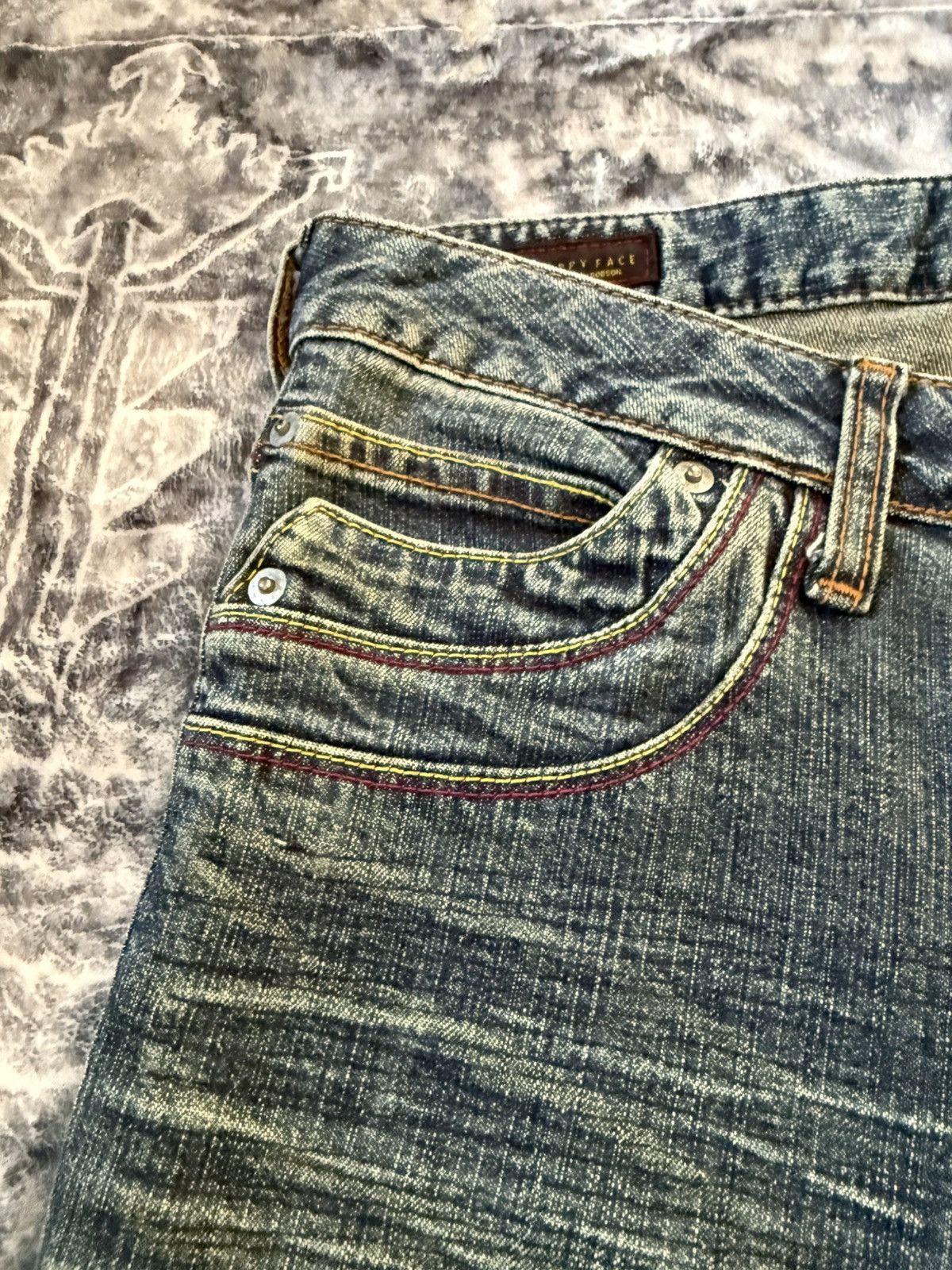 Le Grande Bleu (L.G.B.) Happy Face Contrast Stitch Whiskered Bootcut Flared Jeans Size US 28 / EU 44 - 11 Thumbnail