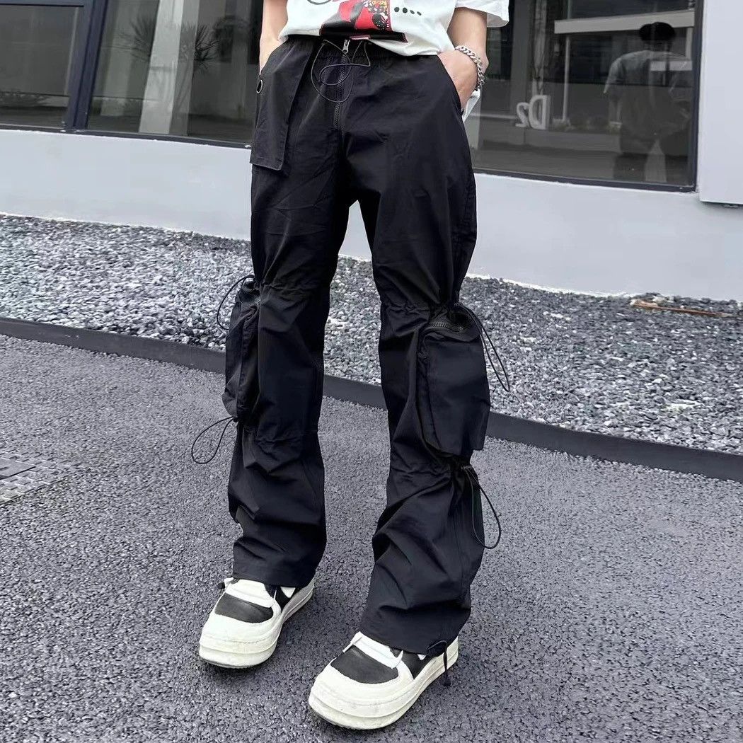 image of Black Drawstring Straight Loose Cargo Pant, Men's (Size 31)