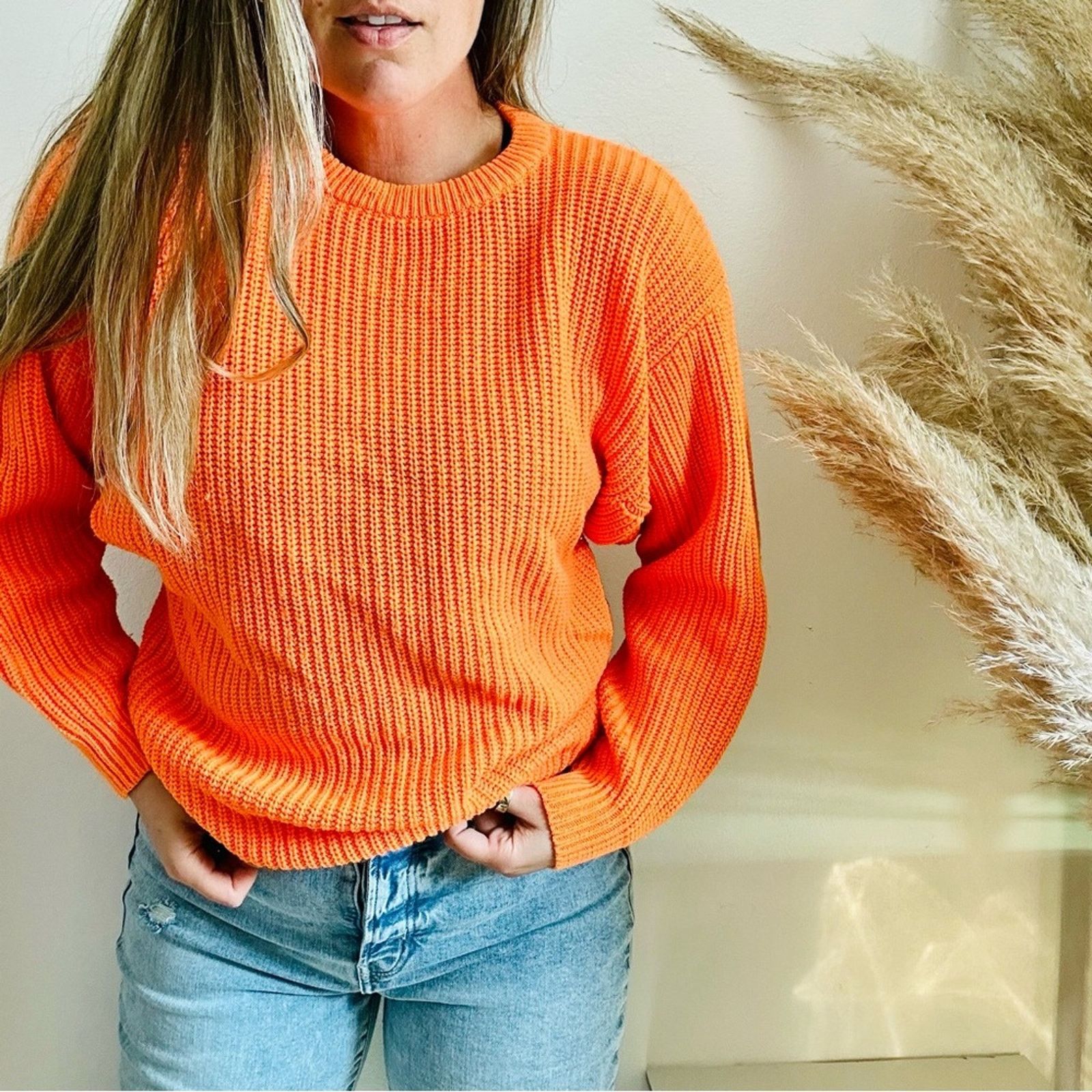 Express EXPRESS Neon Orange Chunky Knit Tunic Pullover Crew Sweater Size M / US 6-8 / IT 42-44 - 1 Thumbnail