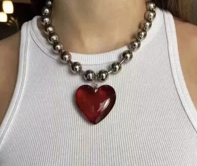 Jewelry Big Red Heart Chain Goth Punk Jewelry Pop Electro Necklace Size ONE SIZE - 4 Thumbnail