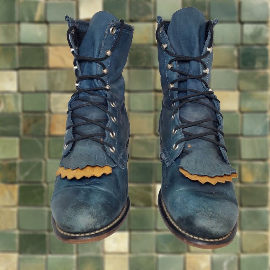 Vintage Laredo Roper Boots Womens 7M Teal Blue Leather Kiltie Western Riding Lace Up Fringe Vintage Cowboy Boot Mens? Ladies? Size US 7 / IT 37 - 1 Thumbnail