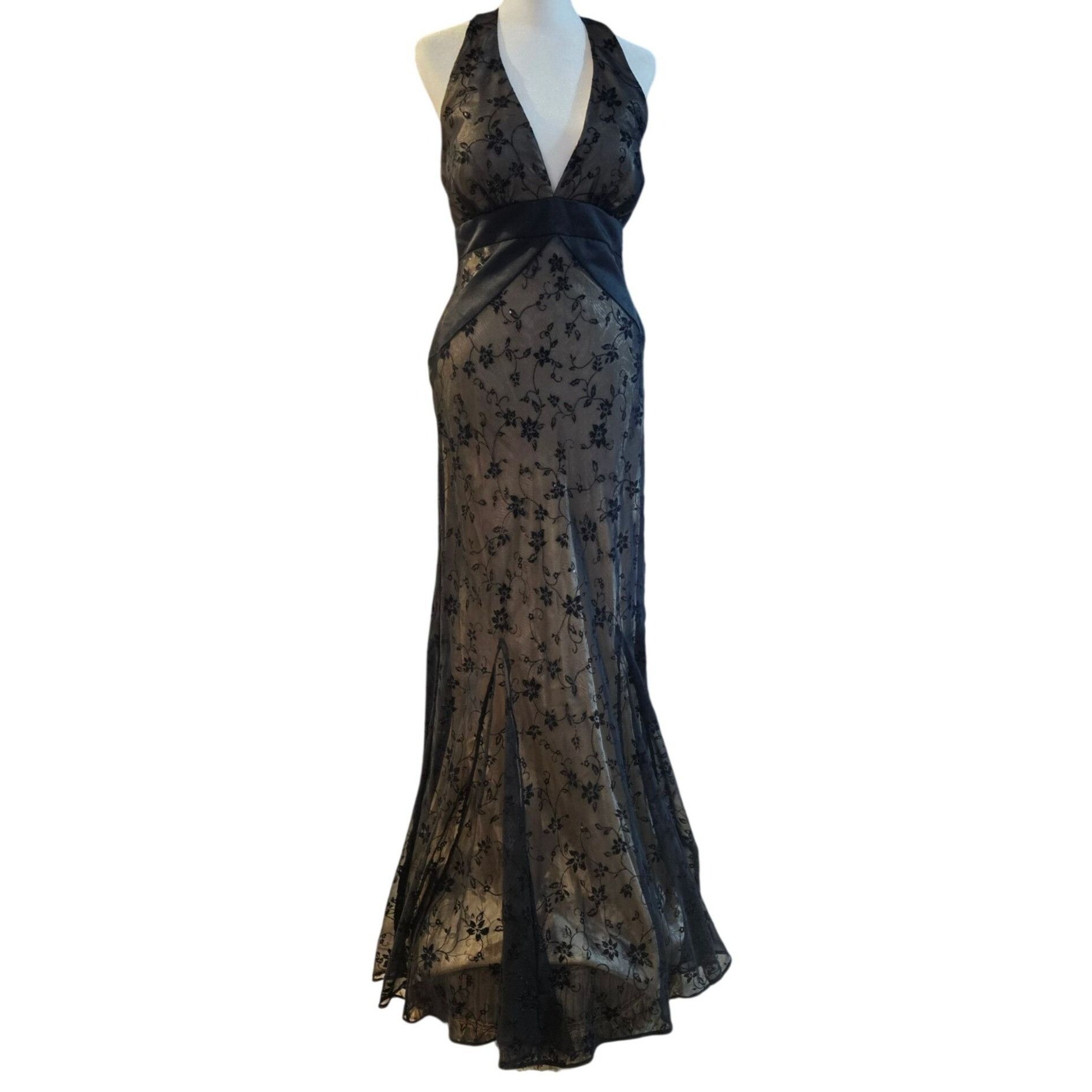 Other Betsy & Adam Women’s Halter Gown Black Floral Mesh 10 Whimsy Size L / US 10 / IT 46 - 2 Thumbnail