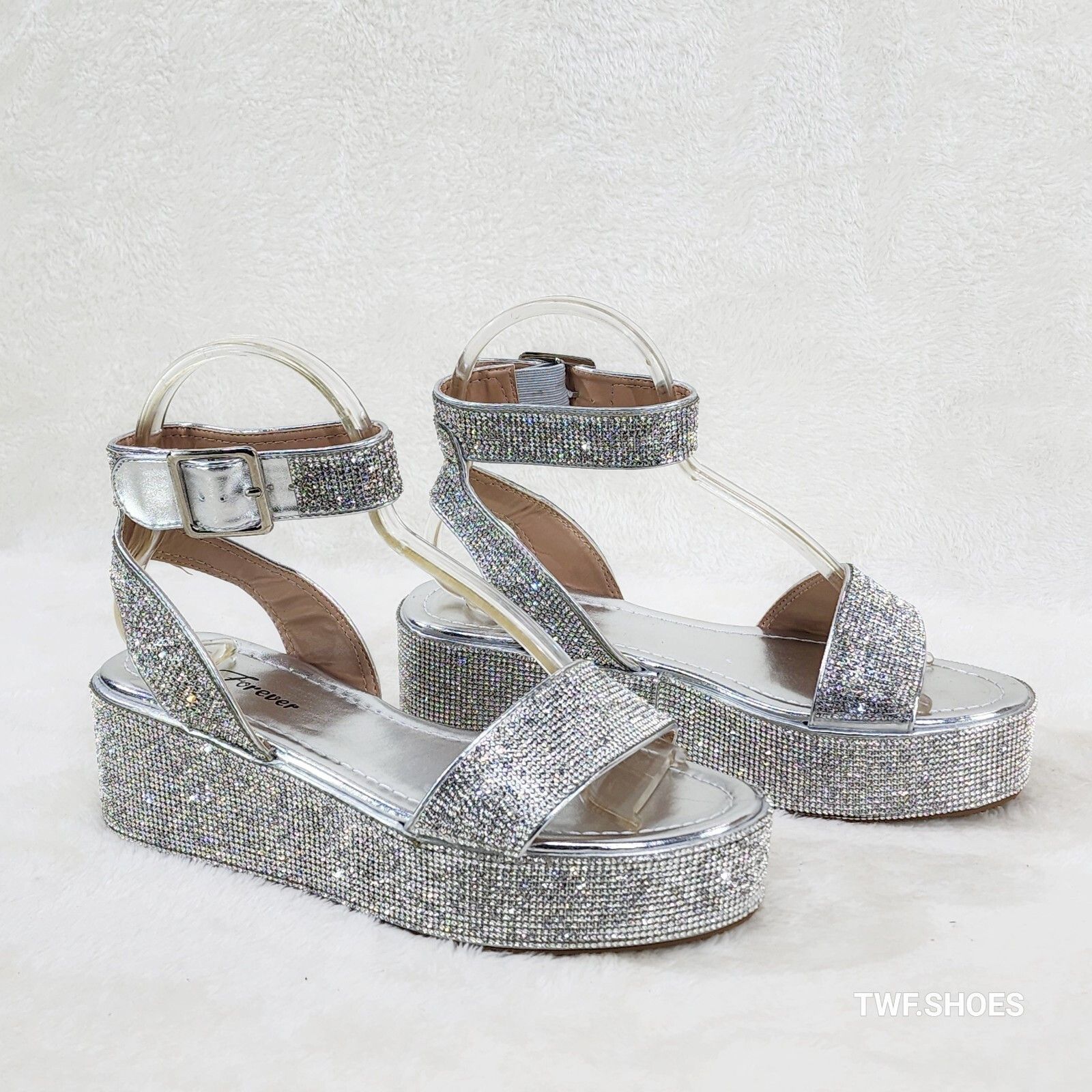 Other Flashy Silver Ankle Strap Sparkling Rhinestone Wedge 2" Plat Size US 8.5 / IT 38.5 - 1 Thumbnail