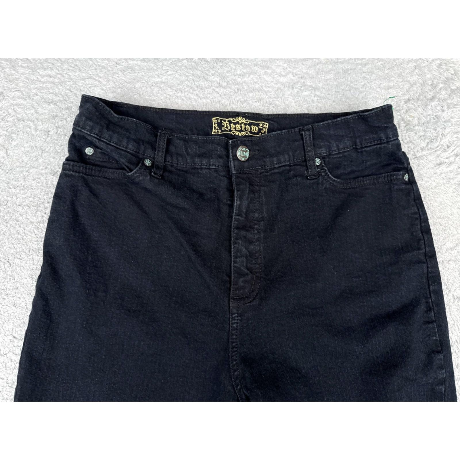 Vintage Bestow Jeans Women's 10 Black Dark Wash High Rise Straight Crop 30x22 Cotton Blend Spandex Denim 5-Pocket Logo Zip Fly Mens? Size 32" / US 10 / IT 46 - 4 Thumbnail