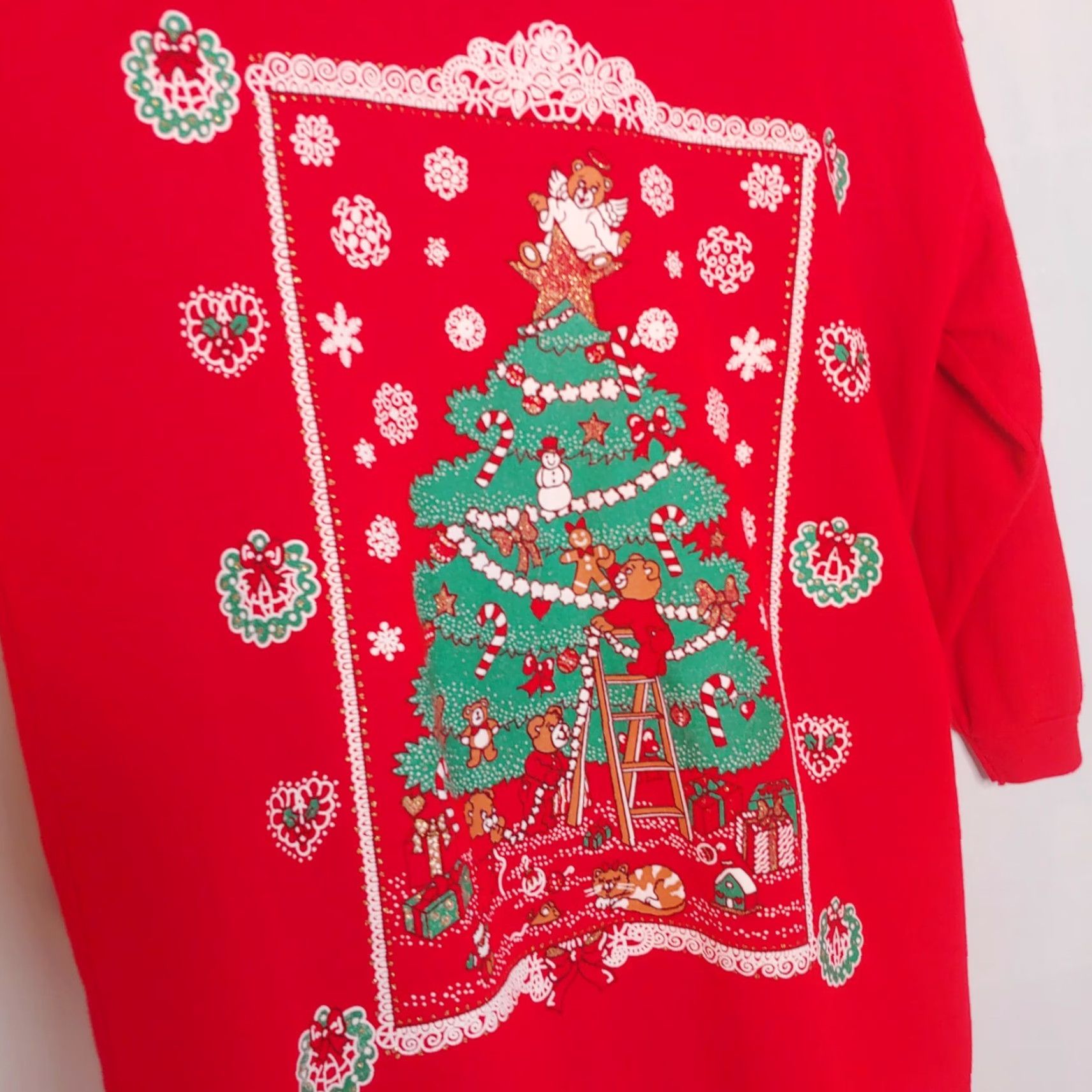 Vintage VINTAGE Precious Gems Christmas Nightgown OSFM Red Bears Cat Glitter Long Sleeve Womens Size ONE SIZE - 2 Thumbnail