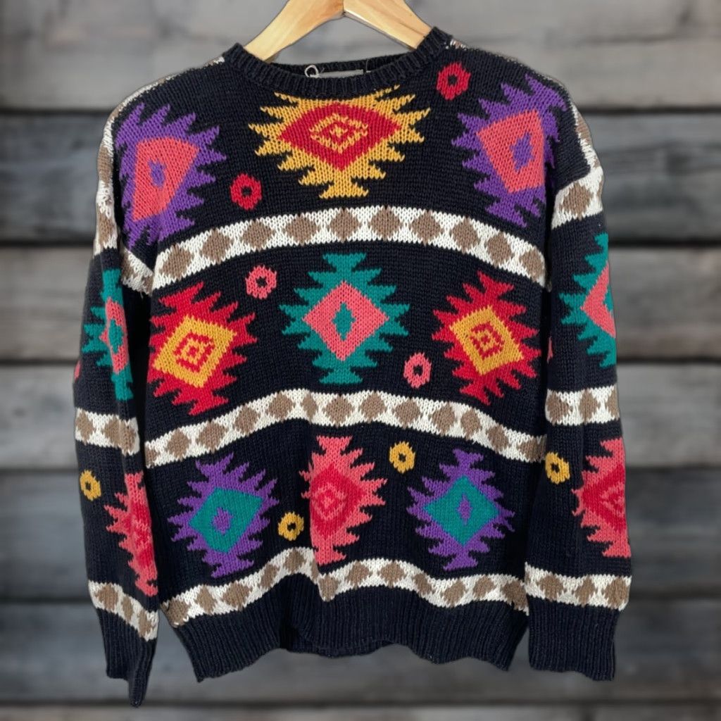 Vintage VINTAGE Geometric Sweater Women's Large Black 90s Aztec Southwestern Pattern Chunky-Knit Ramie Cotton Blend Crew Neck Pullover Size L / US 10 / IT 46 - 1 Thumbnail
