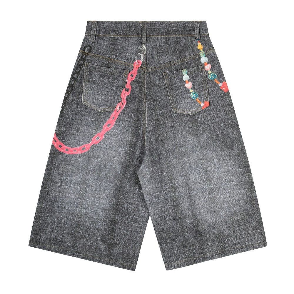 Jean Distressed punk chain digital print denim shorts y2k Size US 32 / EU 48 - 2 Thumbnail