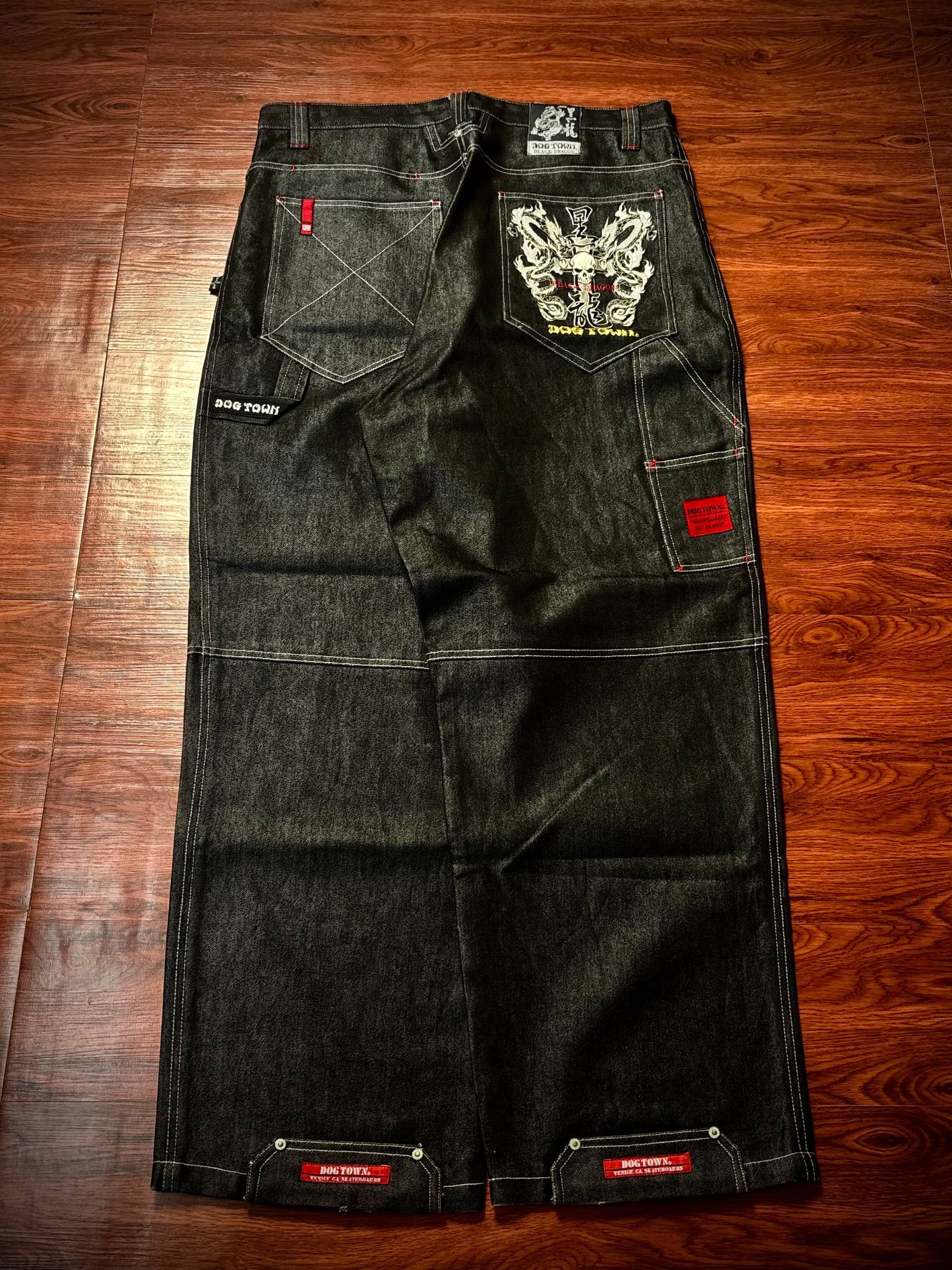 JNCO Vintage 00s Big Skull Logo Dogtown Black Raw Denim Pants Size US 36 / EU 52 - 1 Thumbnail