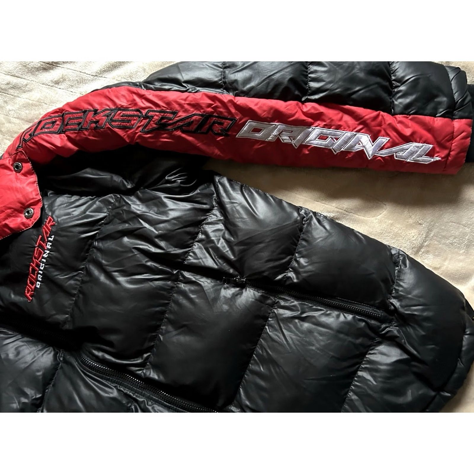 Vintage VINTAGE Rockstar Original Black Coat Puffer Jacket Removable Hood Dual Zip Men XL Black Polyester Zip Logo Puffer Jacket Mens XL Size US XL / EU 56 / 4 - 6 Thumbnail