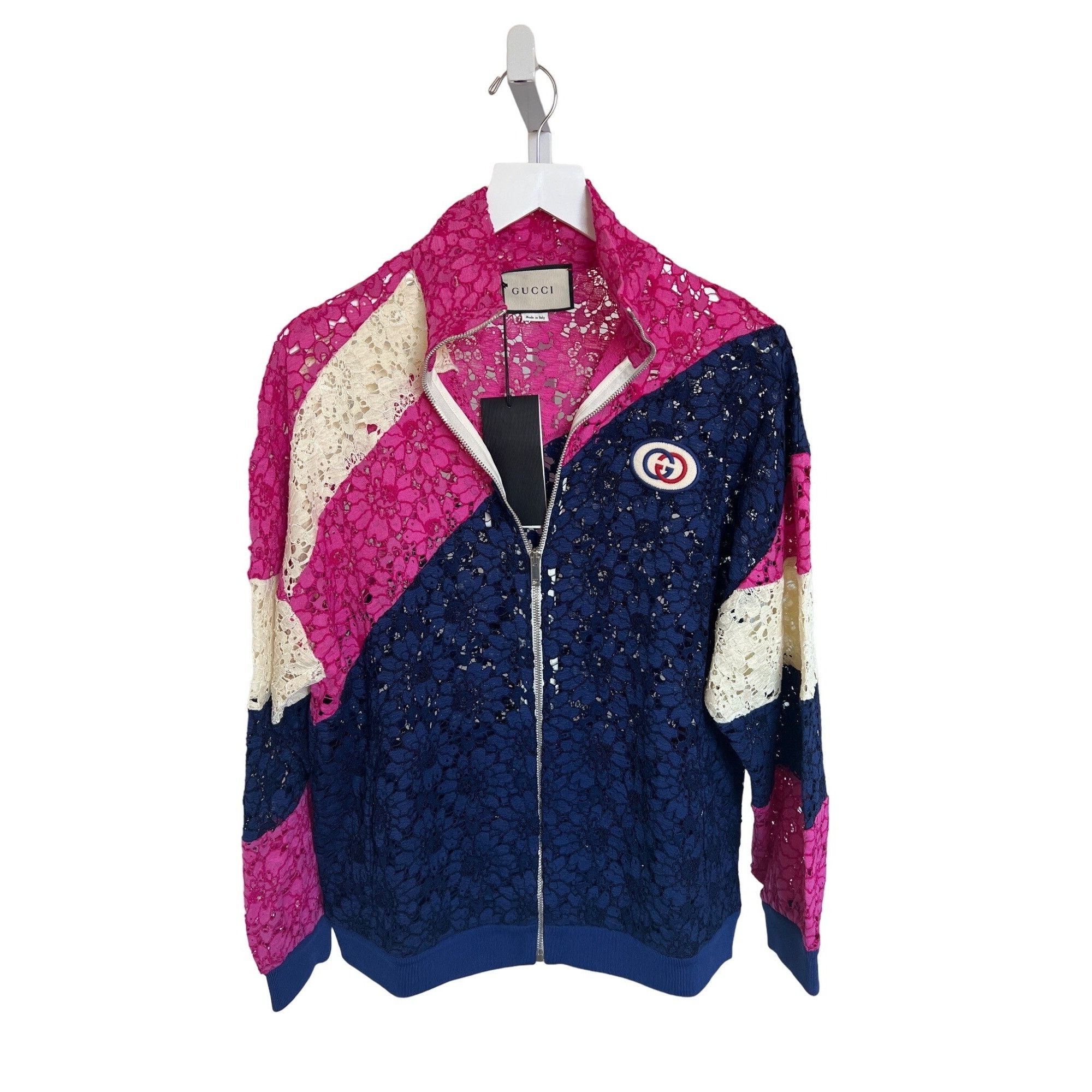 Gucci Gucci Lace Bomber Jacket Pink Navy Cream Zip-Up Logo Patch Size S / US 4 / IT 40 - 2 Thumbnail