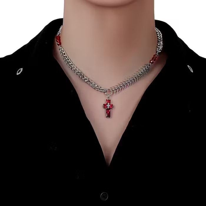 Jewelry × Vintage Red Cross Pendant Necklace Chain Size ONE SIZE - 1 Thumbnail