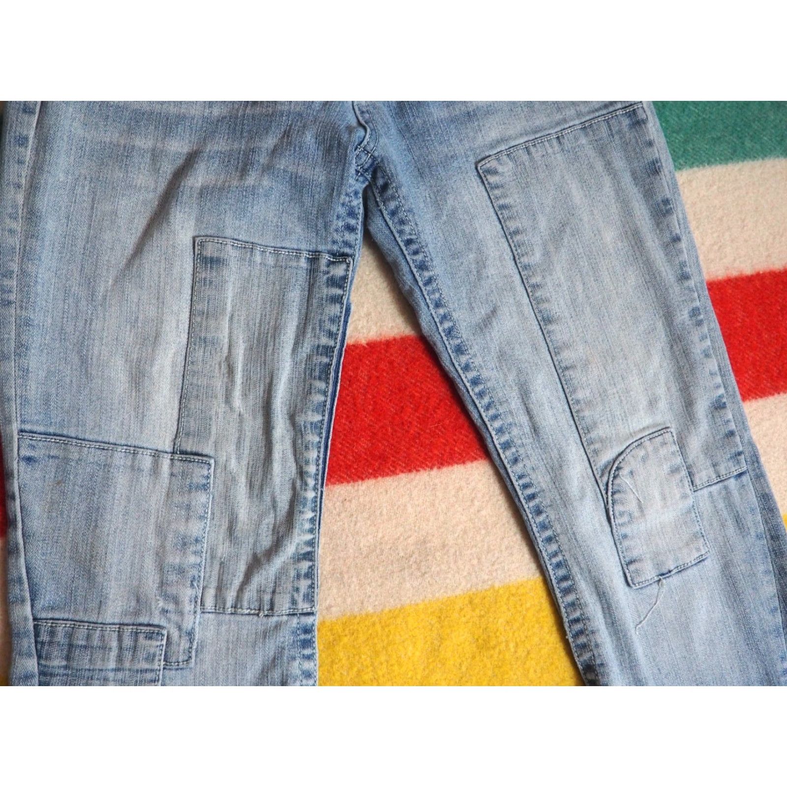 Vintage VTG Bubblegum Jeans Low Rise 29x31 Denim Flare Patchwork Blue Womens Regular Front Pockets Logo Grunge 2000s Style Size 29" - 6 Thumbnail