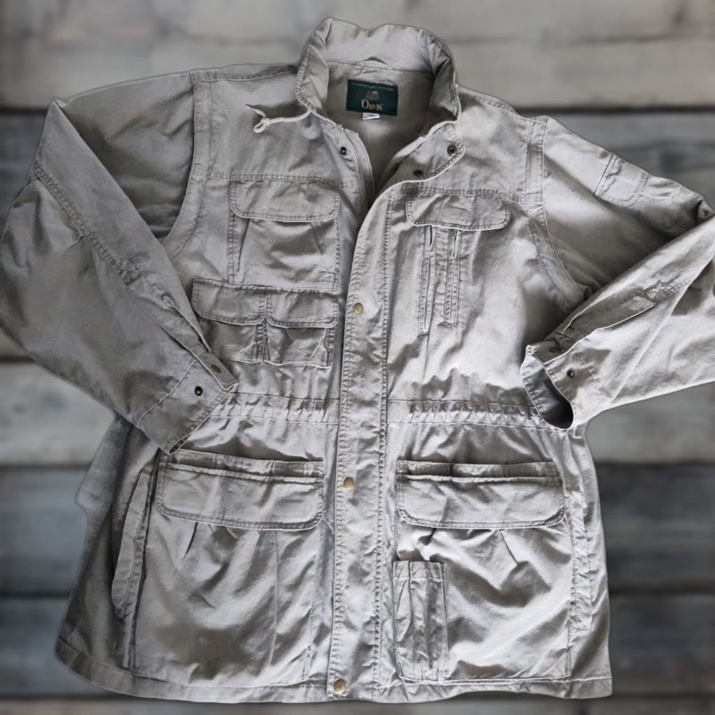 Vtg Orvis Mens Safari Fishing Military Utility Jacket Olive Green XL Packed Hood