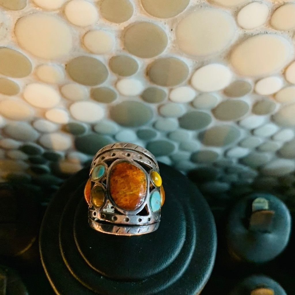 Vintage Sterling Silver ring with Precious stones size 6.5 Size ONE SIZE - 1 Thumbnail