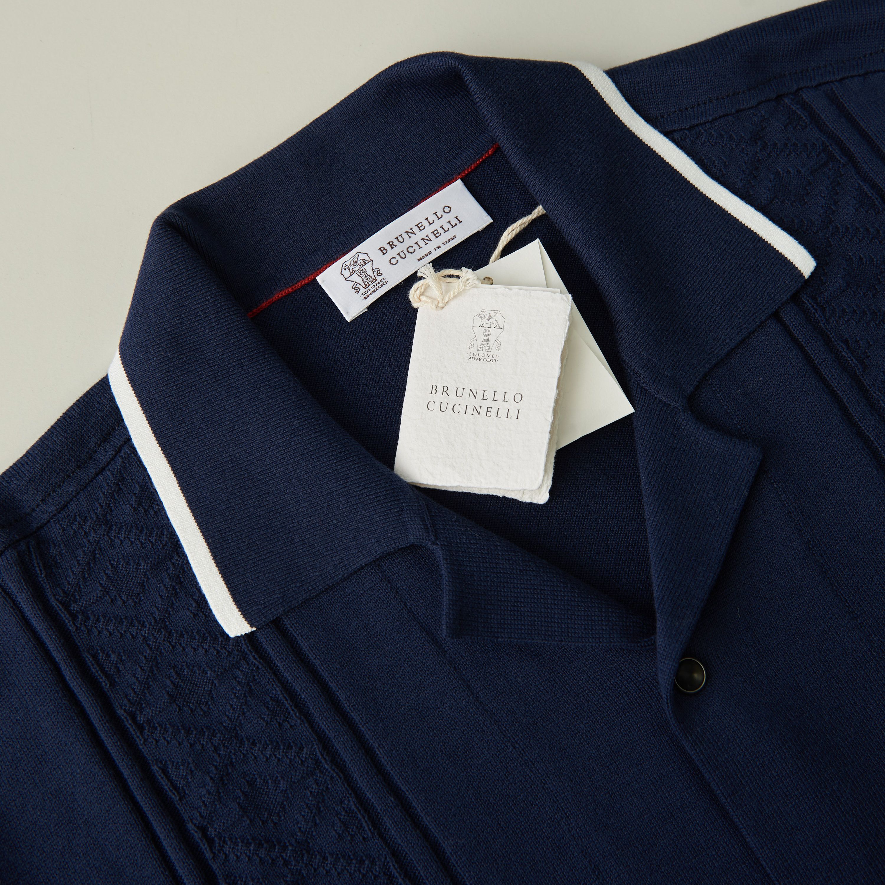 Brunello Cucinelli Navy Blue Short Sleeve Knit Shirt - Cotton Jacquard Rib Size US XL / EU 56 / 4 - 9 Thumbnail