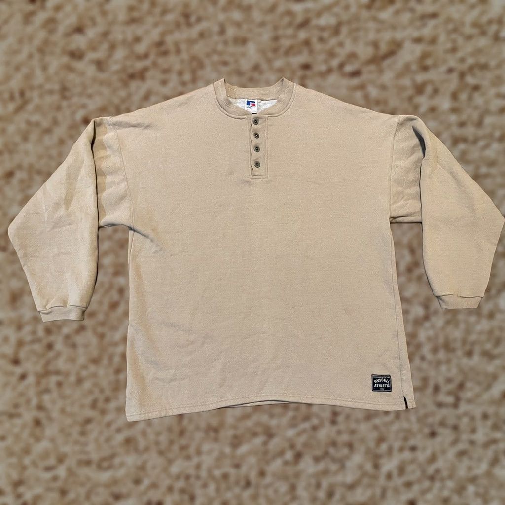 Russell Athletic VINTAGE Russell Made in USA 50/50 Blank Beige Henley Sweatshirt Men's XLarge Size US XL / EU 56 / 4 - 1 Thumbnail