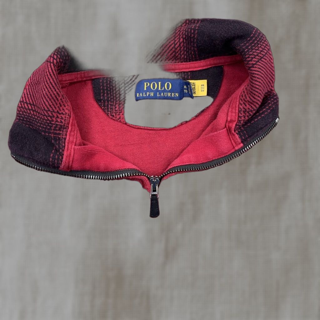 Polo Ralph Lauren Sweater Men XL Red Black Plaid Pullover 1/4 Zip Knit Pullover Mock Neck Zipper Embroidered Logo Classic Preppy American