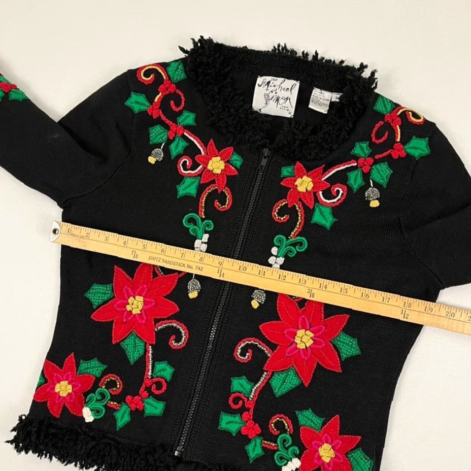 Simons Michael Simon Christmas Cardigan Women M Black Floral Poinsettia Embroidered 90s Size M / US 6-8 / IT 42-44 - 5 Thumbnail