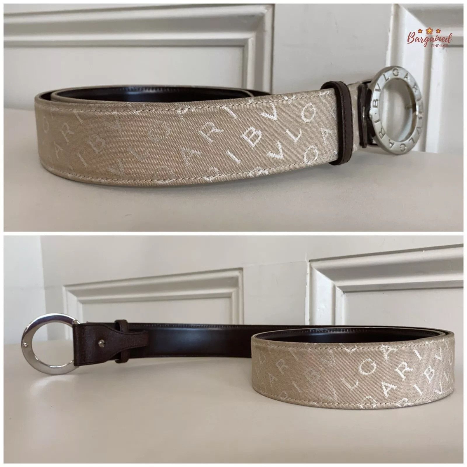 Bvlgari BVLGARI Beige Canvas Dark Brown Leather Silver Round Buckle Size 30 - 7 Thumbnail