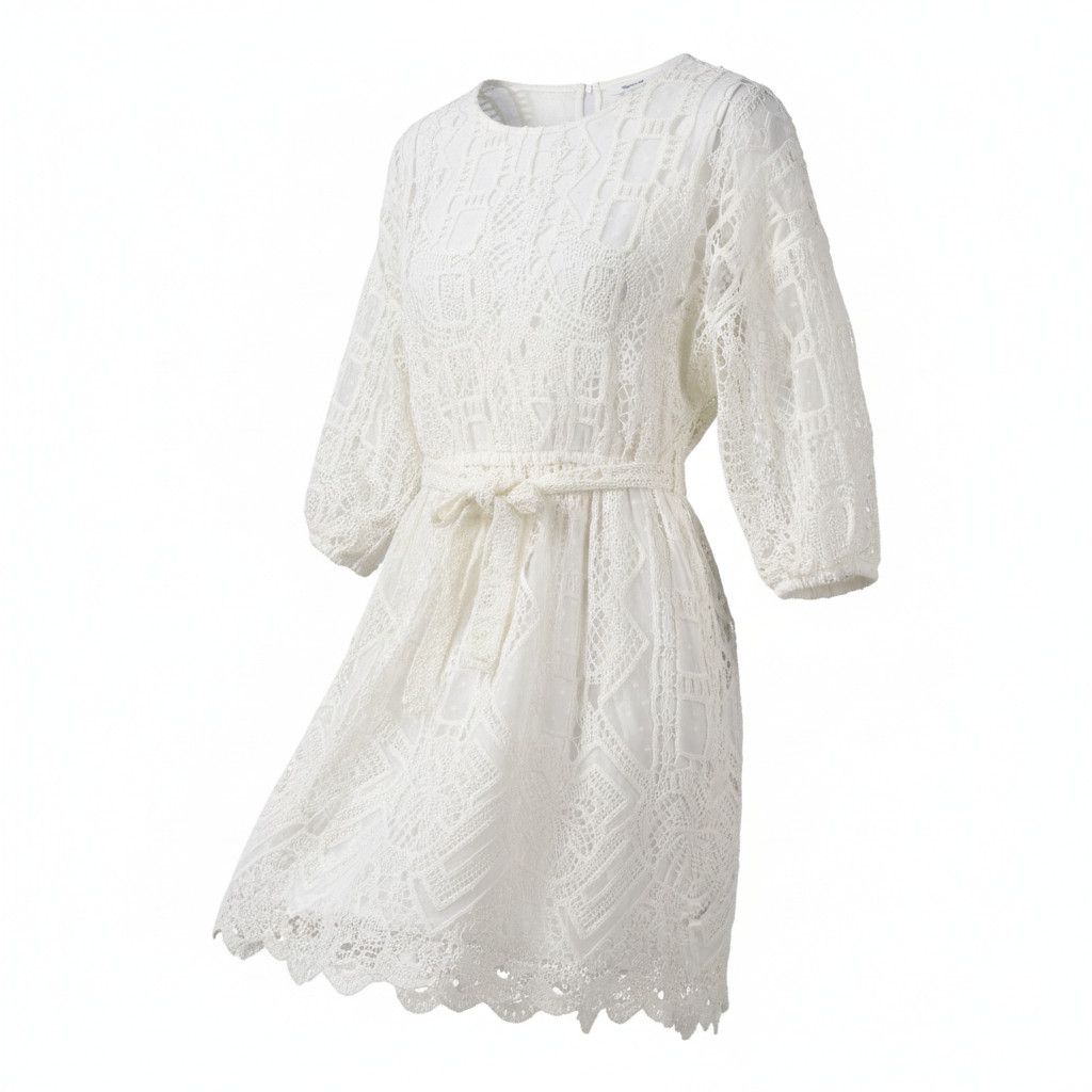 Desigual ASTER M White Embroidered Belted Dress 89016 Size M / US 6-8 / IT 42-44 - 1 Thumbnail