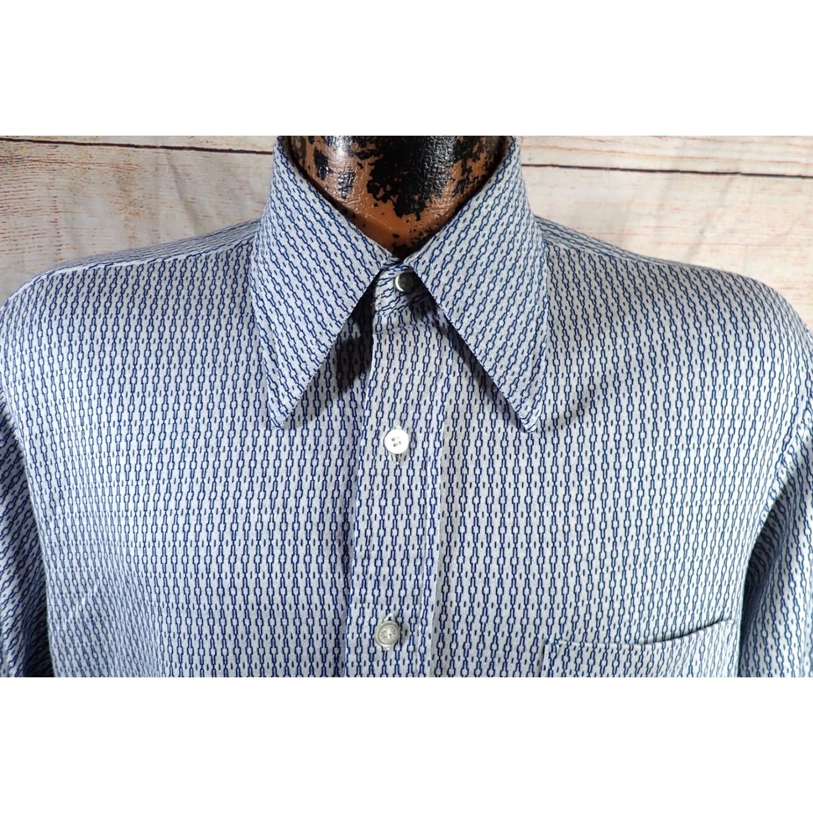 Vintage Montgomery Ward Disco Shirt Button Front Long Sleeve 70s Vintage Big Collar Mens L Blue Geometric Print 70s Vintage Size US L / EU 52-54 / 3 - 2 Thumbnail