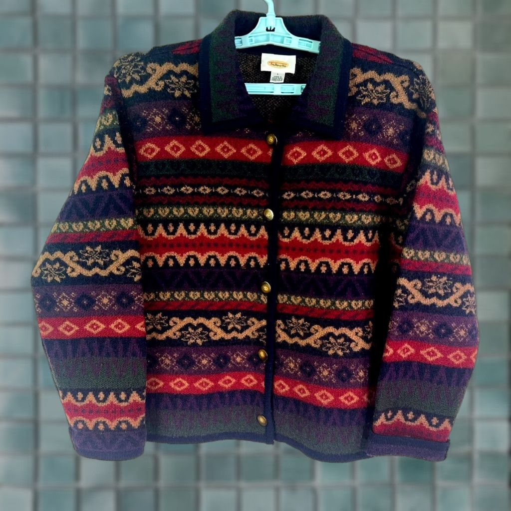 Talbots Talbots Bohemian Multicolor Wool Cardigan Sweater Womens Size L, Geometric Pattern, Long Sleeve, Collared, Casual, All Seasons Size L / US 10 / IT 46 - 1 Thumbnail